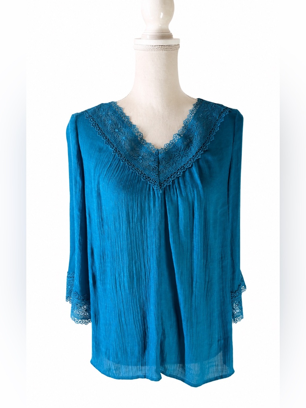 Counterparts Teal Boho Peasant Blouse Lace Trim V-Neck 3/4 Bell Sleeve - Size S - Picture 2 of 16